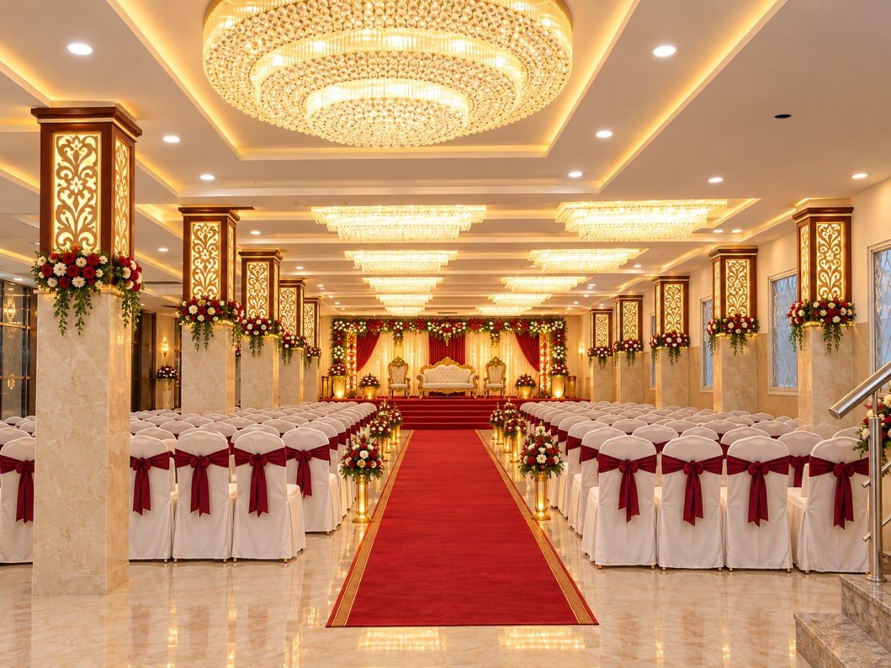 Majestic Pearl first-floor celebration space with a decorated stage, chandeliers and burgundy seating.