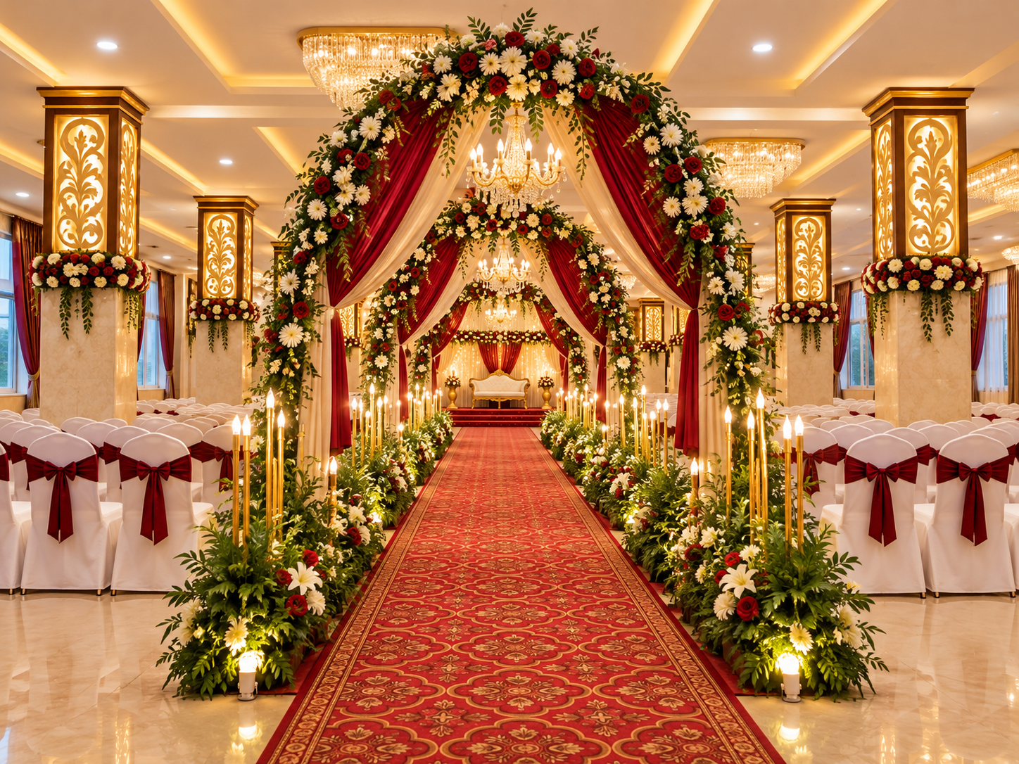 Majestic Pearl first-floor red-carpet aisle with ivory curtains, chandeliers and burgundy chairs.