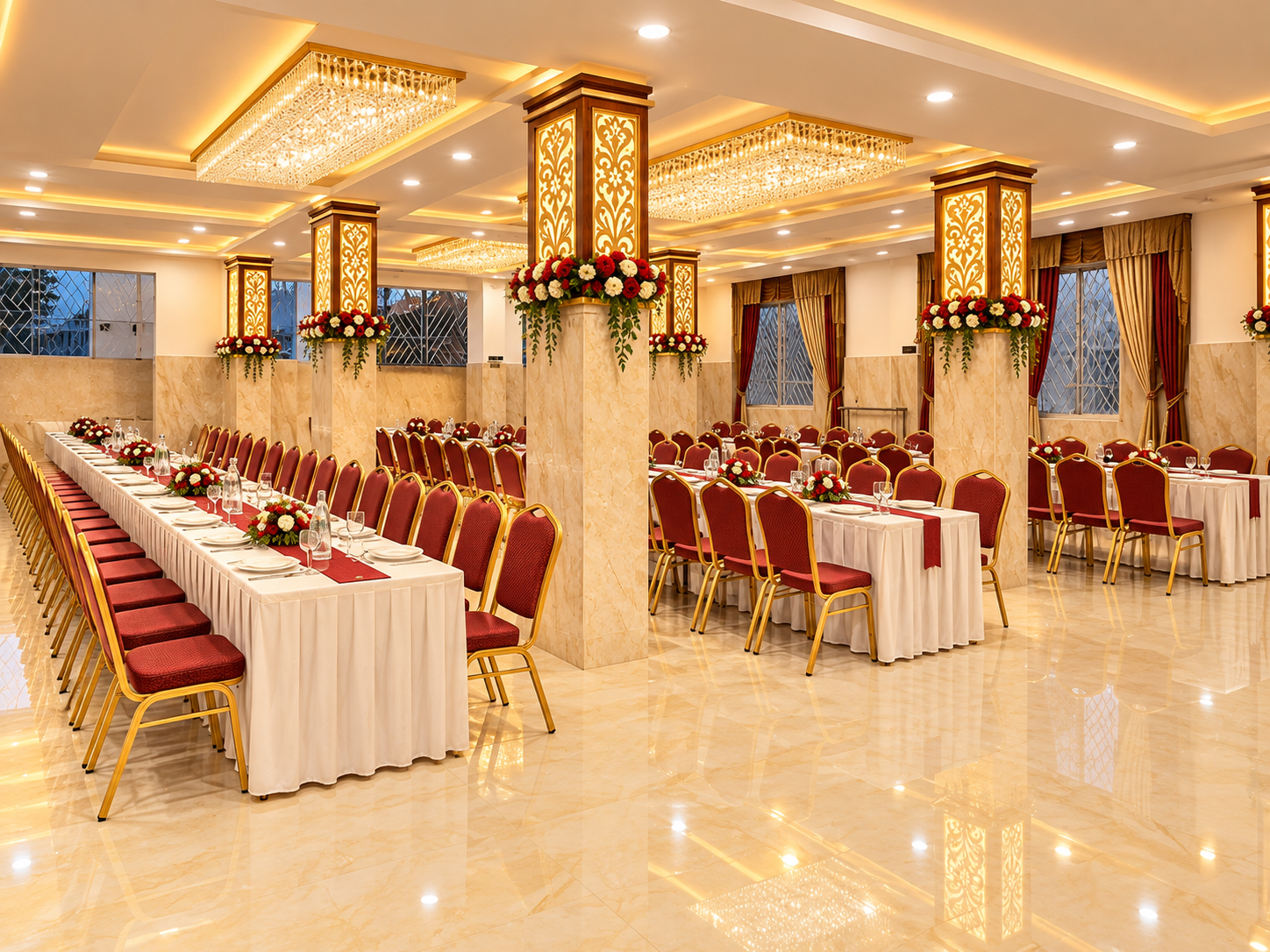Majestic Pearl dining styling with dressed tables, burgundy chairs, flowers and branded pillars.